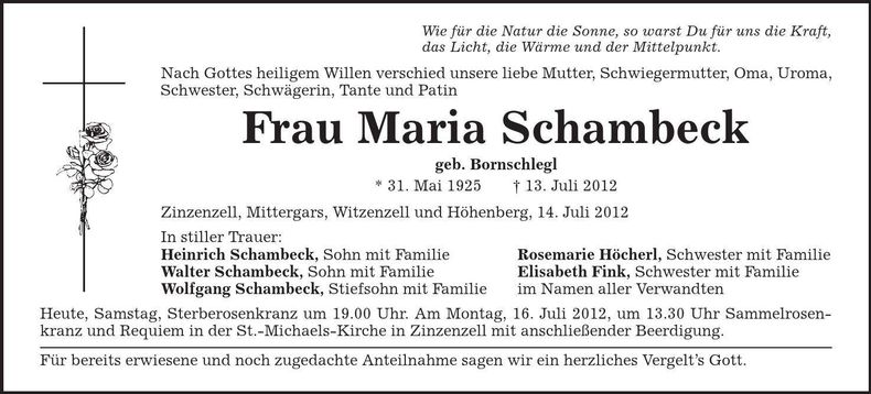 Traueranzeige Maria Schambeck