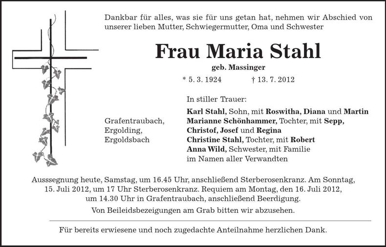 Traueranzeige Maria Stahl