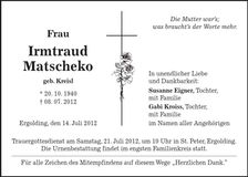 Traueranzeige Irmtraud Matscheko
