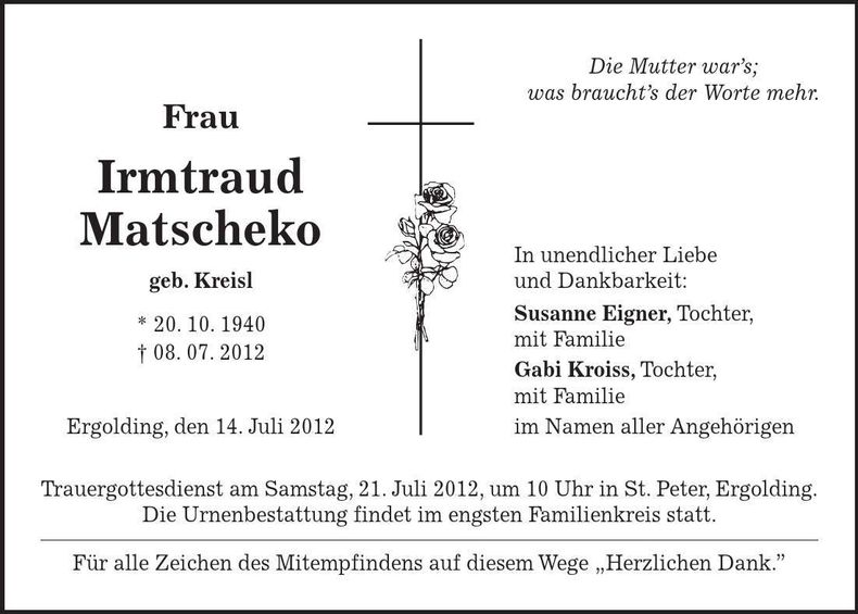Traueranzeige Irmtraud Matscheko