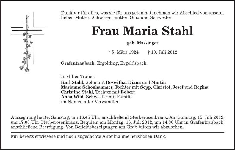 Traueranzeige Maria Stahl