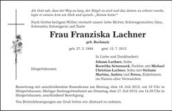 Traueranzeige Franziska Lachner