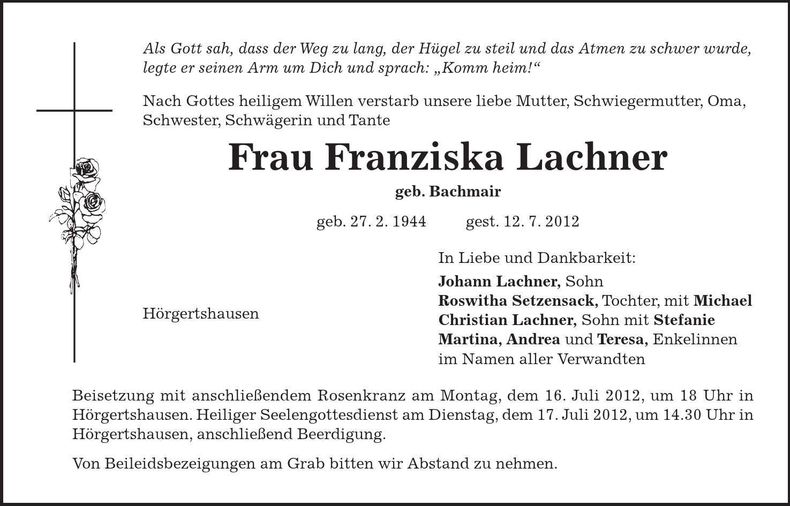 Traueranzeige Franziska Lachner