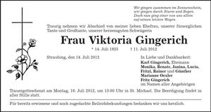 Traueranzeige Viktoria Gingerich