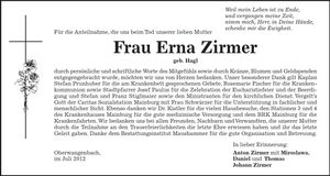 Traueranzeige Erna Zirmer