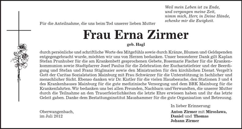 Traueranzeige Erna Zirmer
