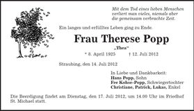 Traueranzeige Therese Popp
