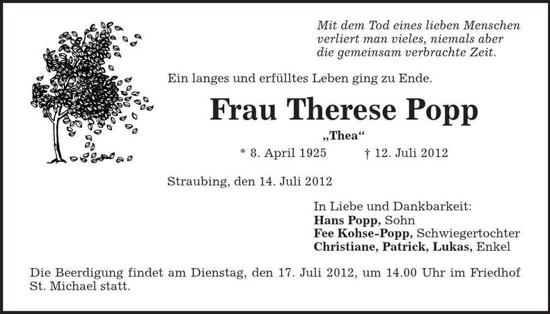Traueranzeige Therese Popp