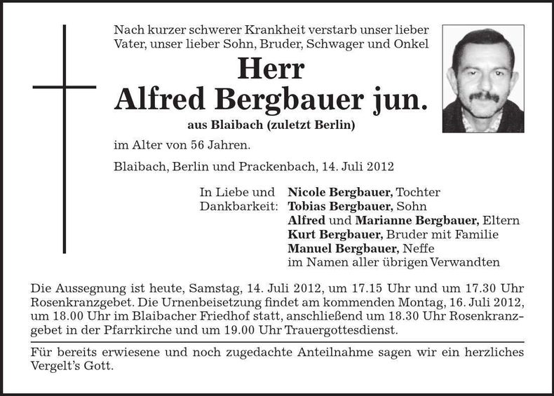 Traueranzeige Alfred Bergbauer