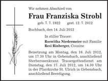 Traueranzeige Franziska Strobl
