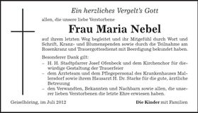 Traueranzeige Maria Nebel