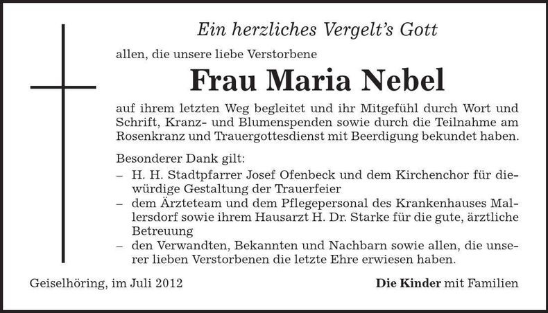 Traueranzeige Maria Nebel