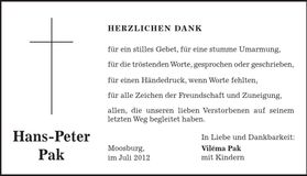 Traueranzeige Hans-Peter Pak