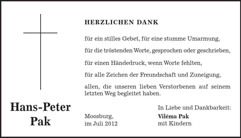 Traueranzeige Hans-Peter Pak
