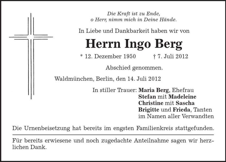 Traueranzeige Ingo Berg