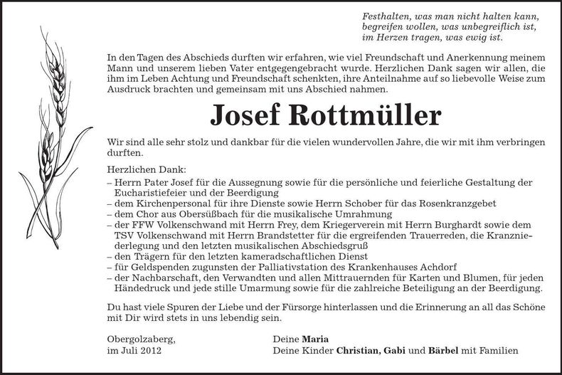 Traueranzeige Josef Rottmüller