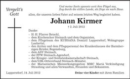Traueranzeige Johann Kirmer