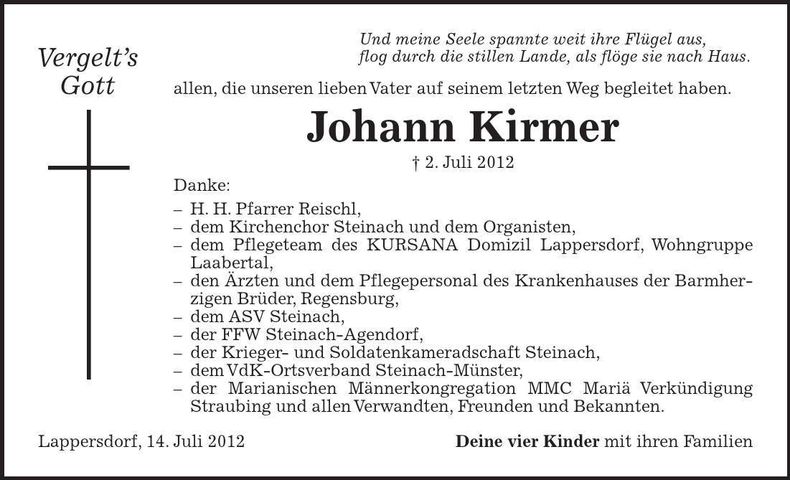 Traueranzeige Johann Kirmer