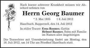 Traueranzeige Georg Baumer