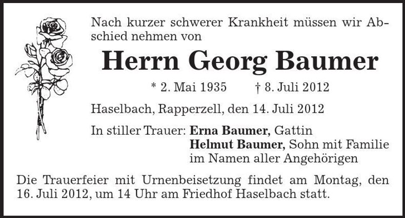 Traueranzeige Georg Baumer