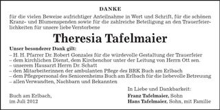 Traueranzeige Theresia Tafelmaier