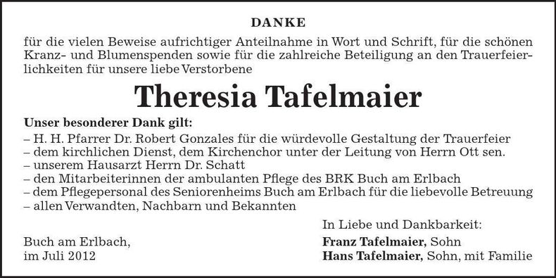 Traueranzeige Theresia Tafelmaier