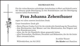Traueranzeige Johanna Zehentbauer