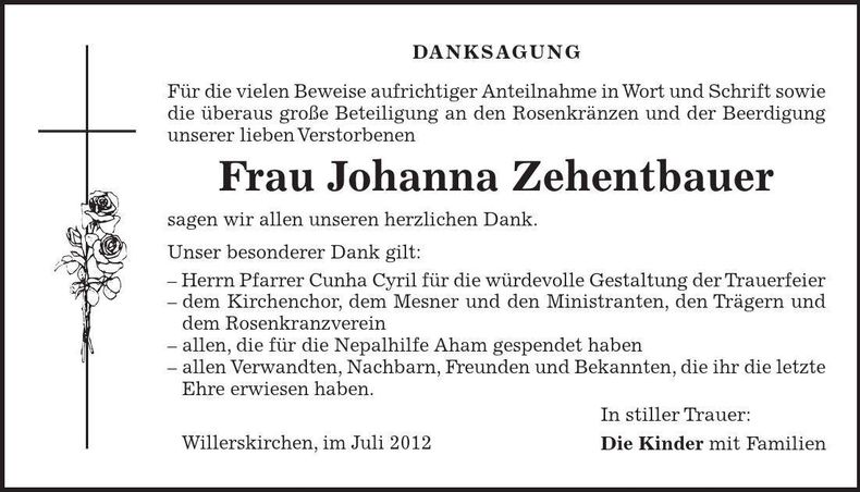 Traueranzeige Johanna Zehentbauer