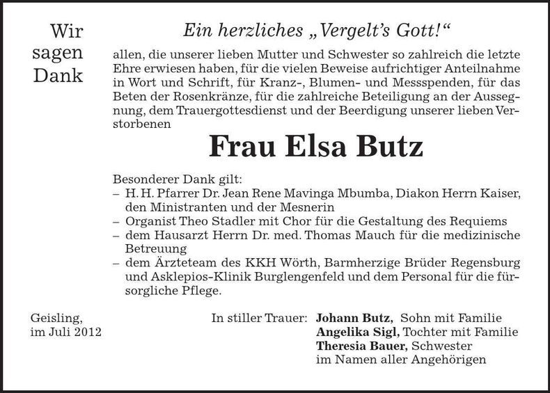 Traueranzeige Elsa Butz