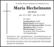 Traueranzeige Maria Hechelmann
