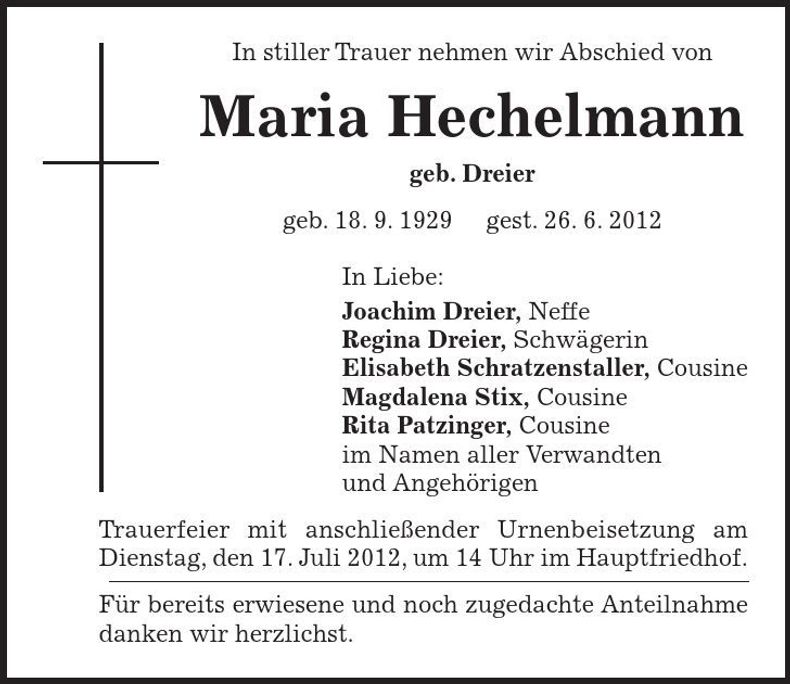 Traueranzeige Maria Hechelmann