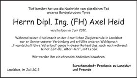 Traueranzeige Axel Heid