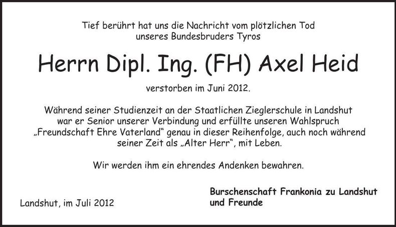 Traueranzeige Axel Heid