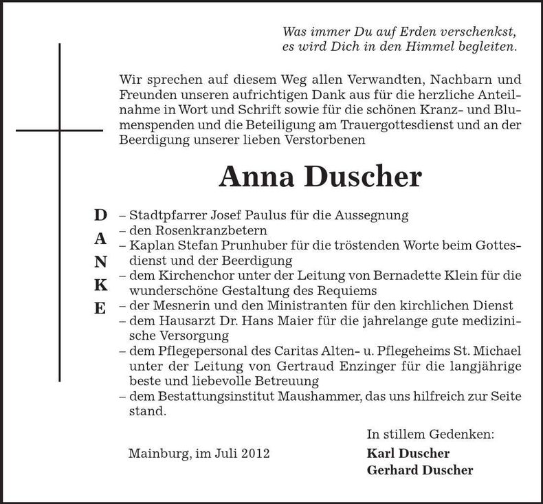 Traueranzeige Anna Duscher
