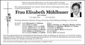 Traueranzeige Elisabeth Mühlbauer