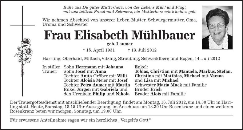 Traueranzeige Elisabeth Mühlbauer