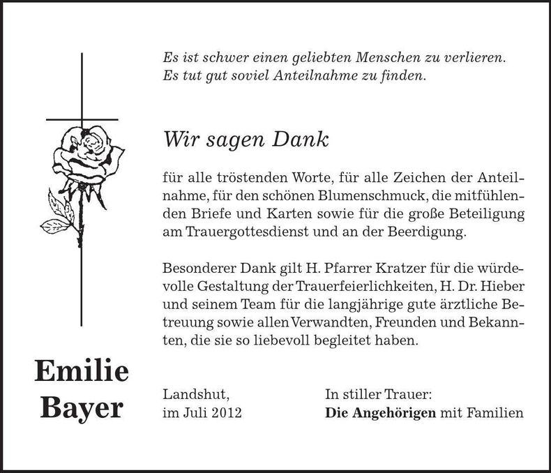Traueranzeige Emilie Bayer