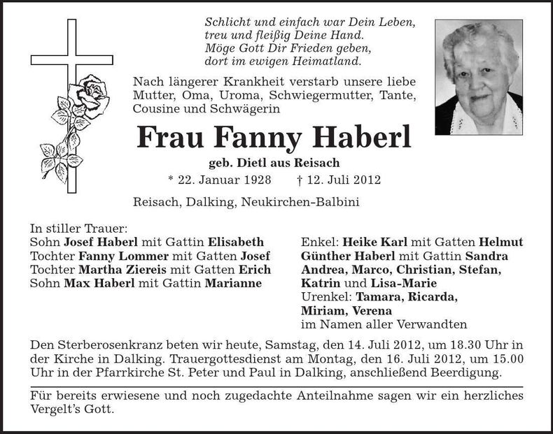 Traueranzeige Fanny Haberl