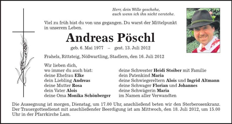 Traueranzeige Andreas Pöschl