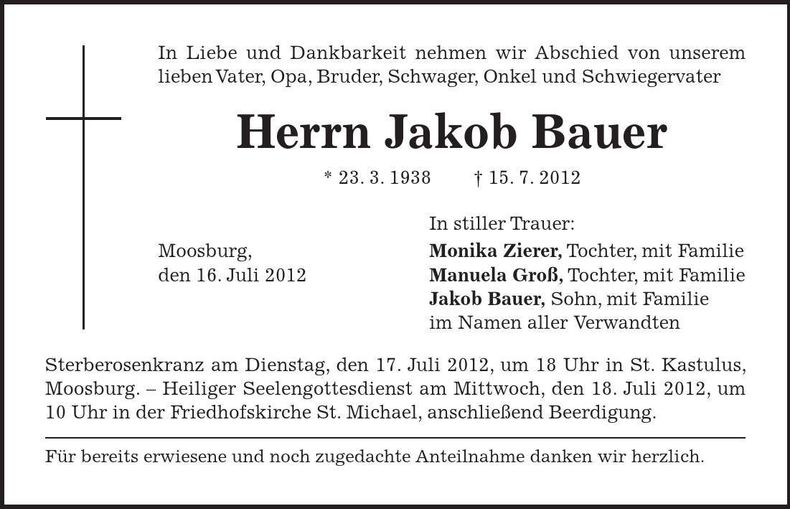 Traueranzeige Jakob Bauer