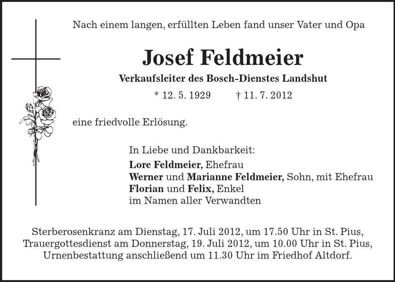 Traueranzeige Josef Feldmeier