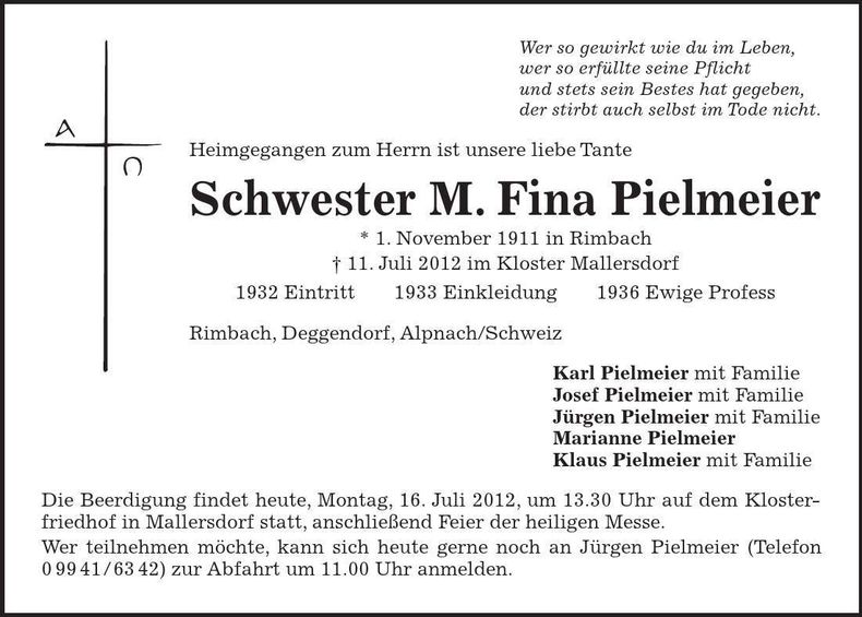 Traueranzeige M. Fina Schwester Pielmeier