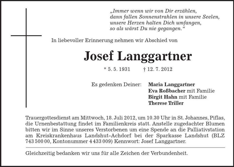 Traueranzeige Josef Langgartner