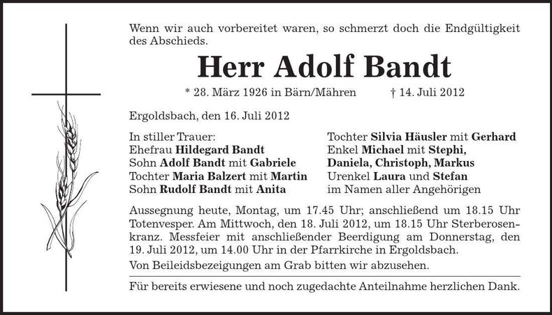 Traueranzeige Adolf Bandt