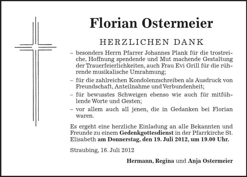 Traueranzeige Florian Ostermeier