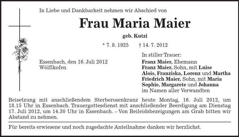 Traueranzeige Maria Maier