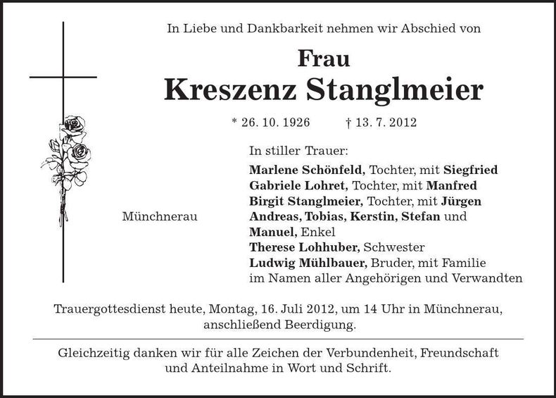 Traueranzeige Kreszenz Stanglmeier
