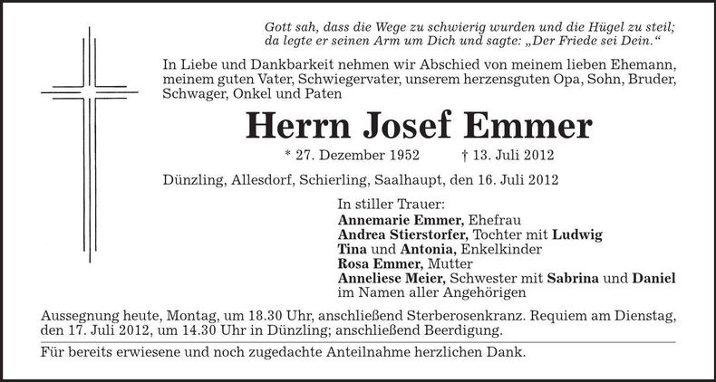 Traueranzeige Josef Emmer