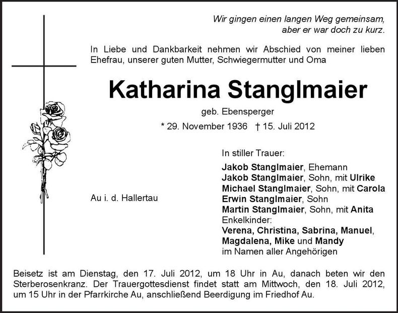 Traueranzeige Katharina Stanglmaier