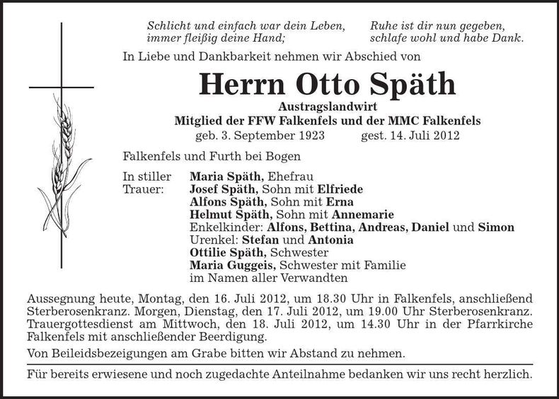 Traueranzeige Otto Späth
